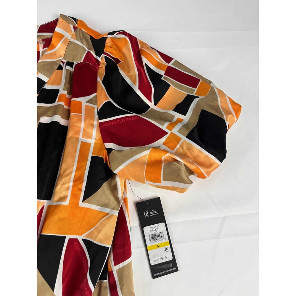 Karl Lagerfeld Paris Geometric Print Puff Sleeve Tie‎ Waist Blouse Top M